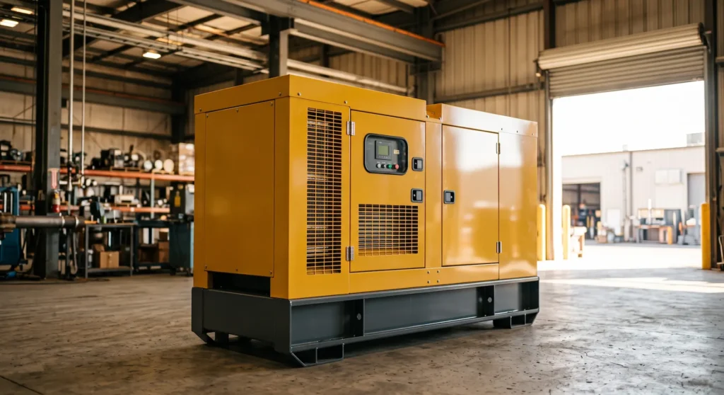 Silent diesel generator set in yellow canopy enclosure inside an industrial warehouse